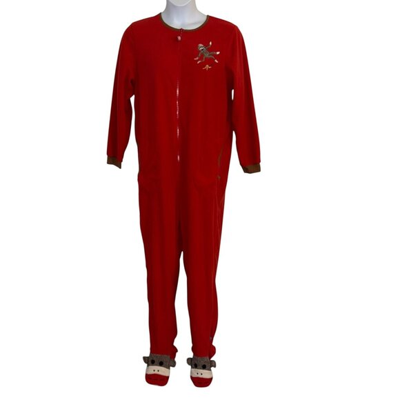 Nick & Nora Red Sock Monkey Pajamas Womens XL Footie Unionsuit PJs Costume Solid - Picture 1 of 10
